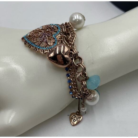 Betsey Johnson Rose Gold Tone Rhinestone Faux Pearl Blue Beads Stretch Bracelet - Picture 9 of 11